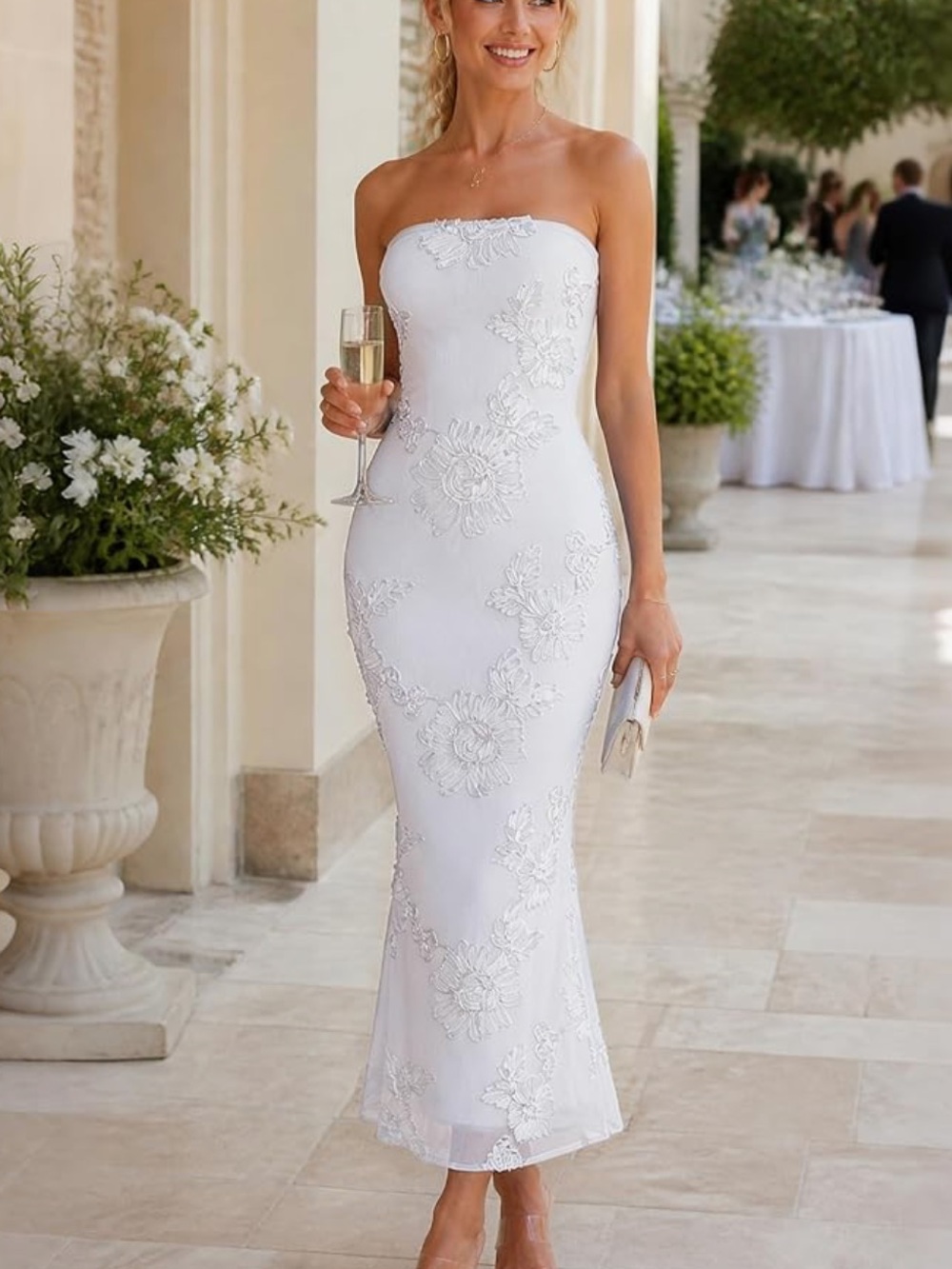 Strapless White Lace Applique Column wedding Dress